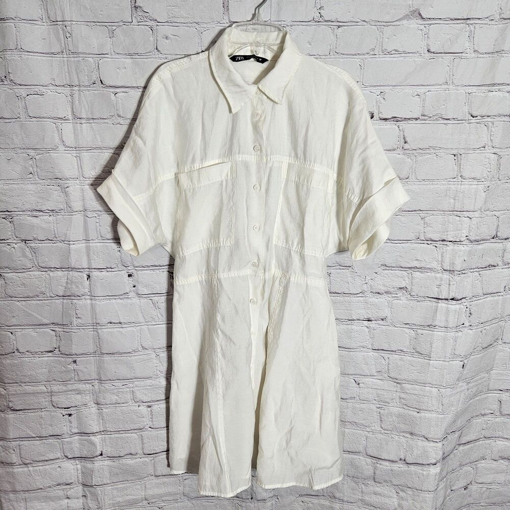 Zara Womens Size L Dress Cinched Button Down Up Shirt Blouse Top Tunic Mini